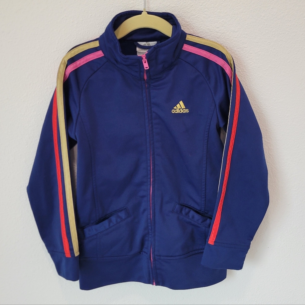 Adidas Little Girl Zip Up Sweatshirt Royal Blue Stripe Sleeve Size 6